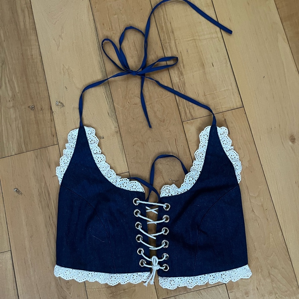 (S) TigerMist Poolside Lace Halter Denim Top